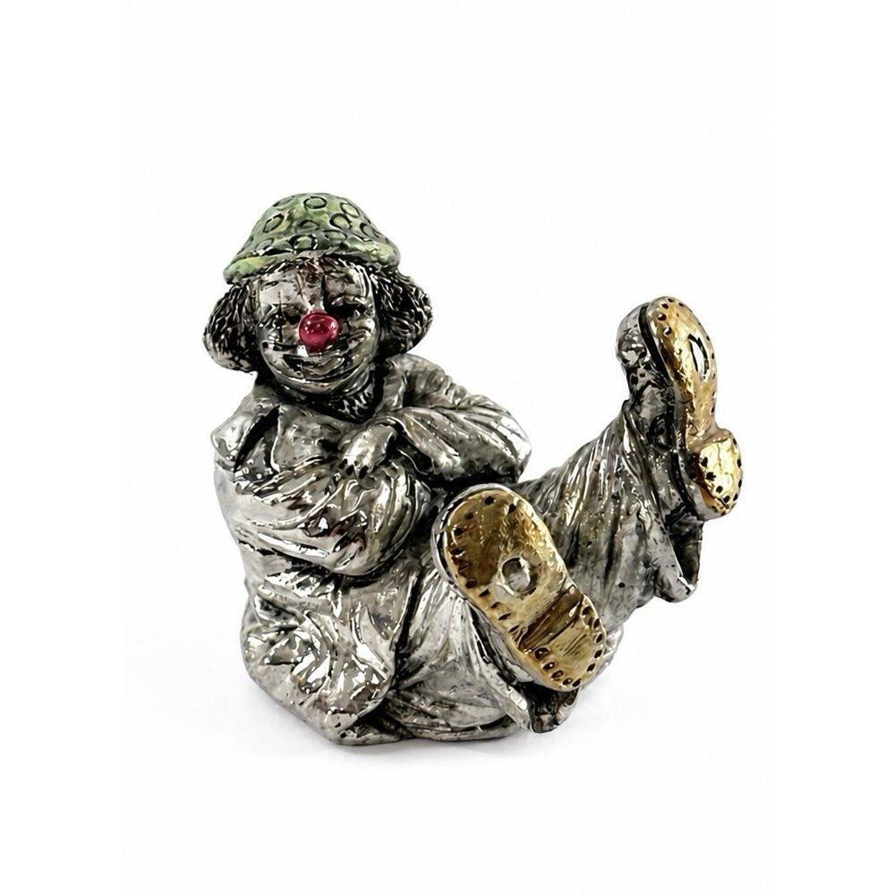 Italian Silver Plated Clown Figurine Red Nose Resin Sculpture 3” Vintage